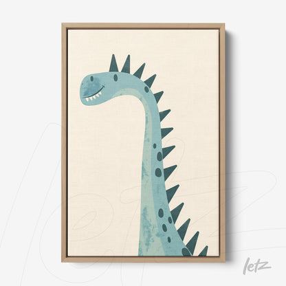 framed wall art featuring a blue dinosaur with black spikes and a playful expression