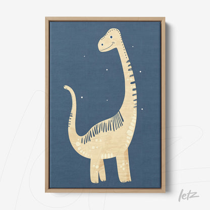 framed wall art featuring a cheerful dinosaur on a dark blue background with a light wood frame