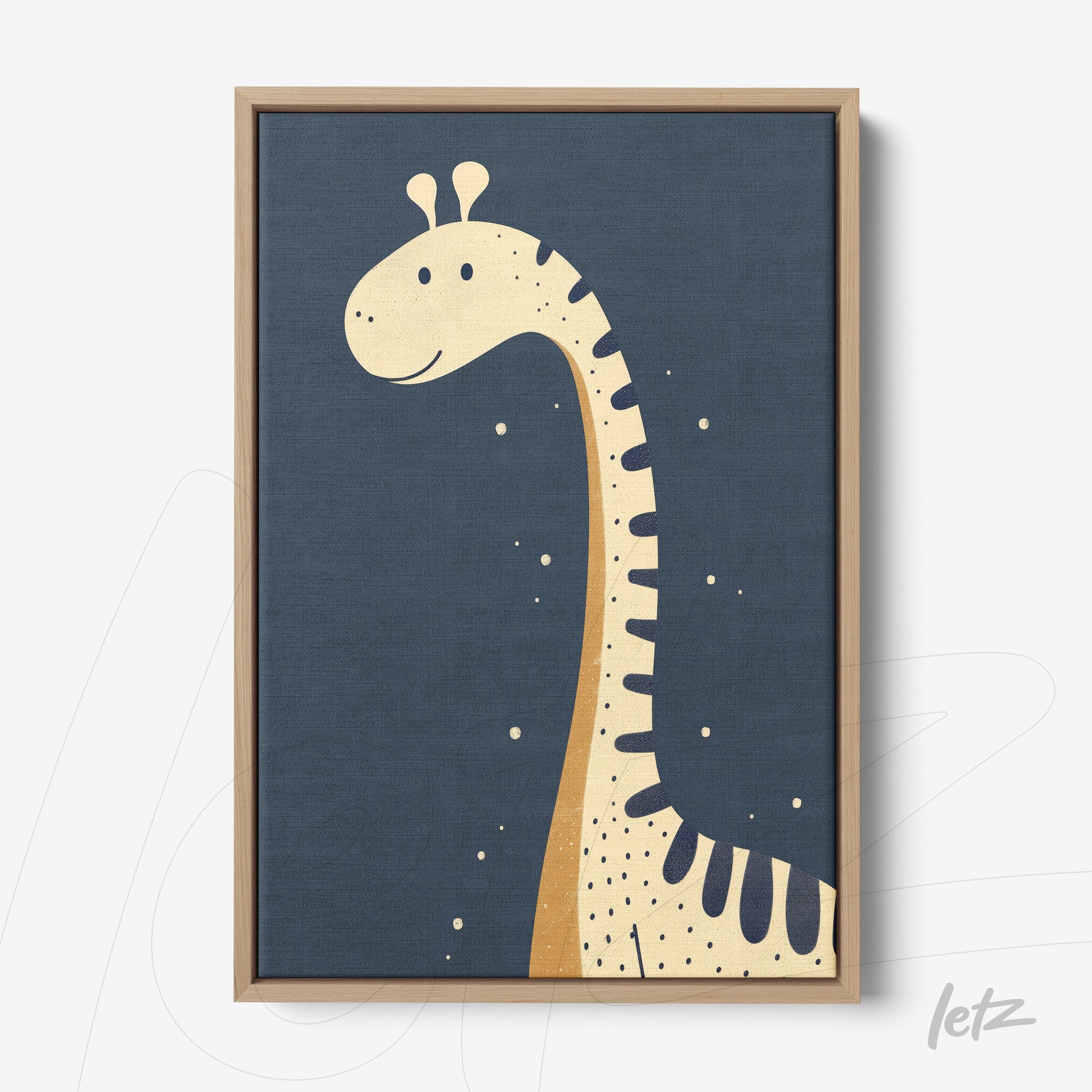 children's artwork of a giraffe on dark blue background in a light wood frame