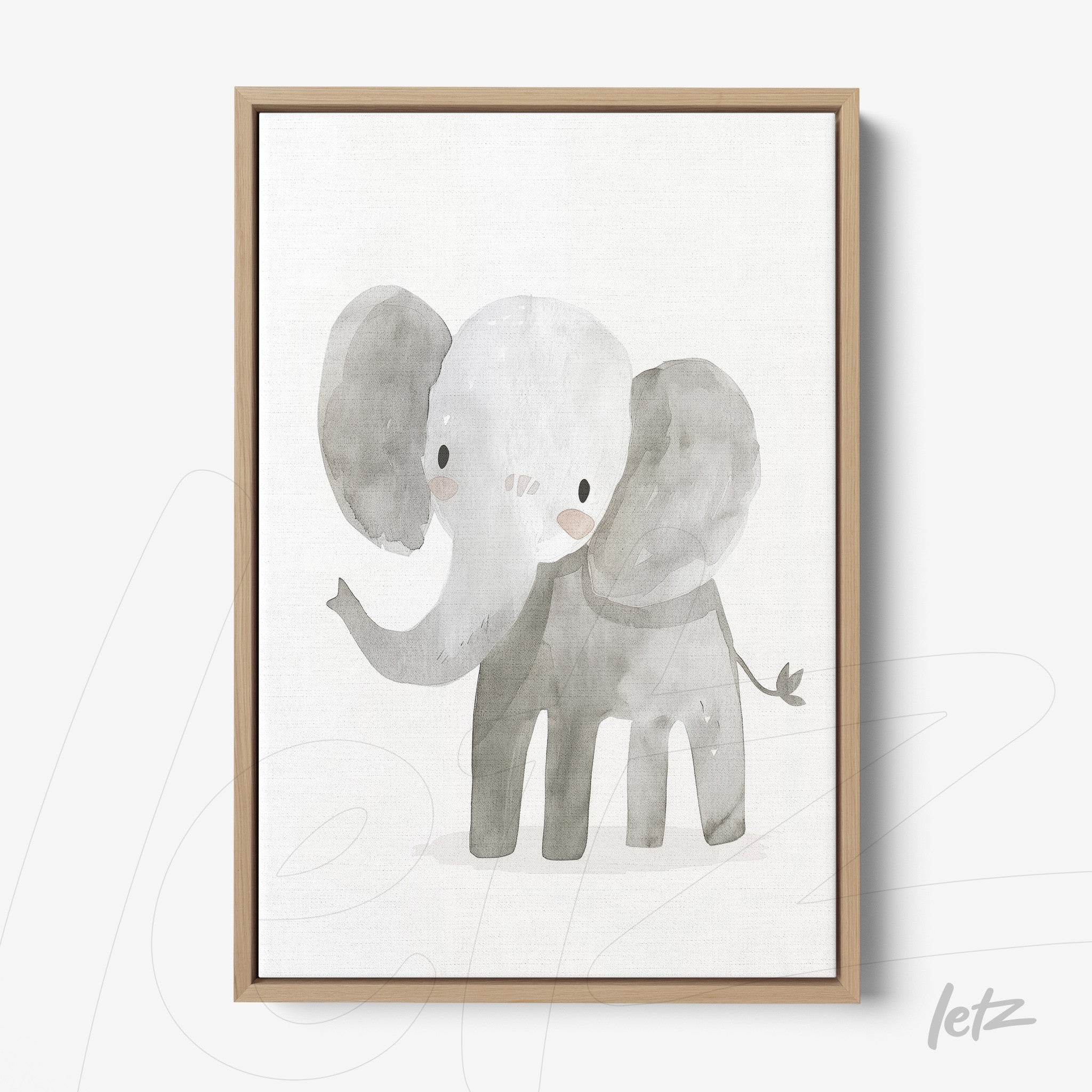 canvas artwork featuring a gray watercolor elephant illustration on a light background with a light wood frame
