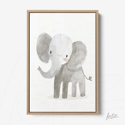 canvas artwork featuring a gray watercolor elephant illustration on a light background with a light wood frame