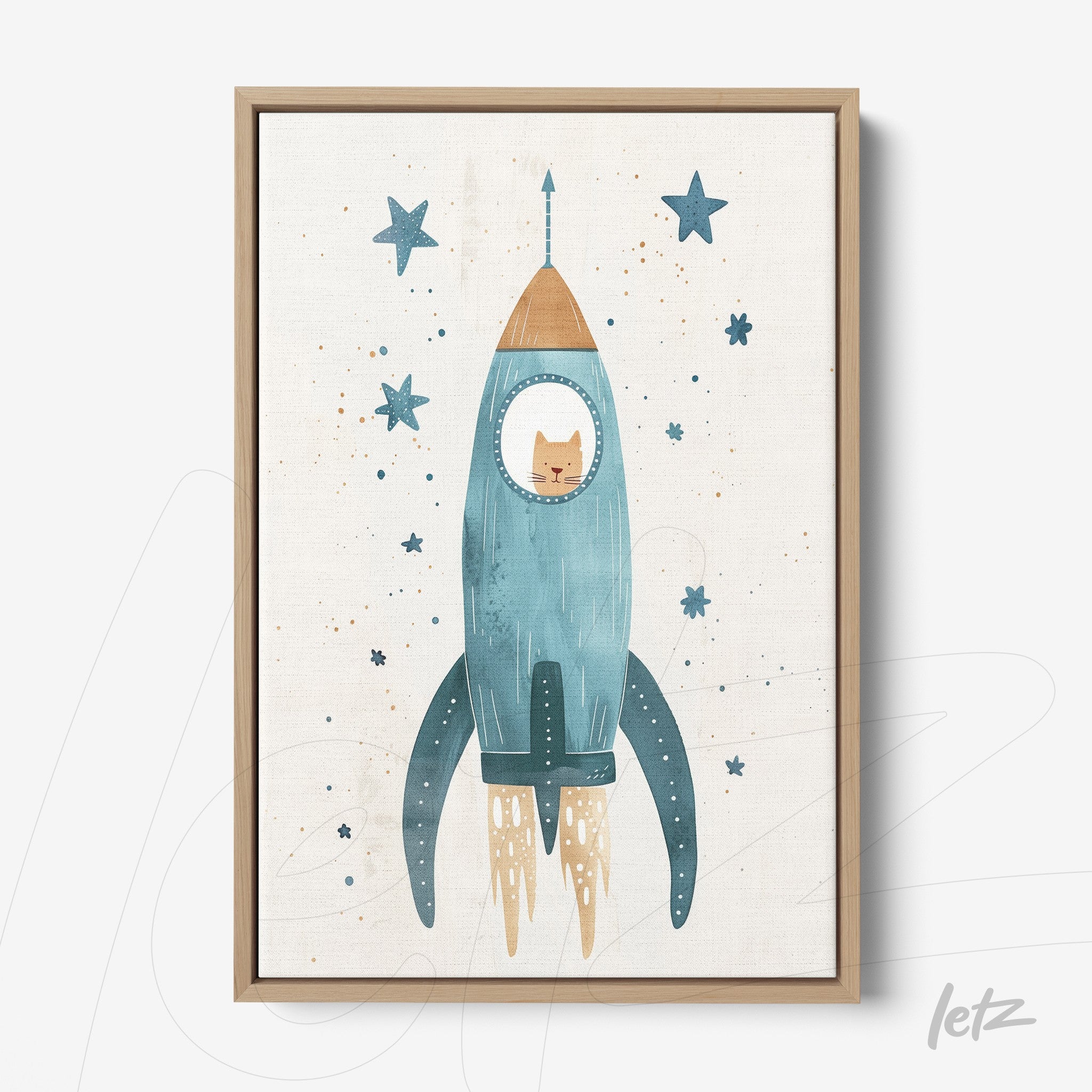 framed artwork featuring a blue rocket with a cat inside, decorated with stars on a light background, light wood frame