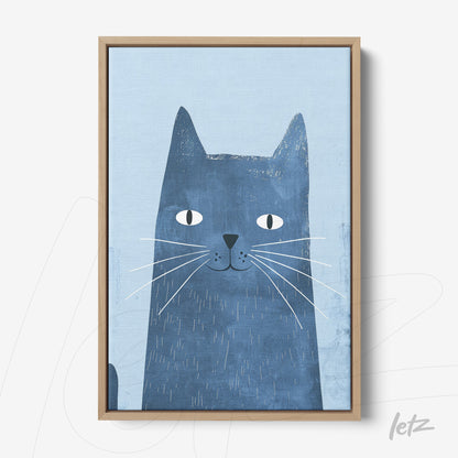 framed wall art featuring a blue cat illustration on a light background with a light wood frame