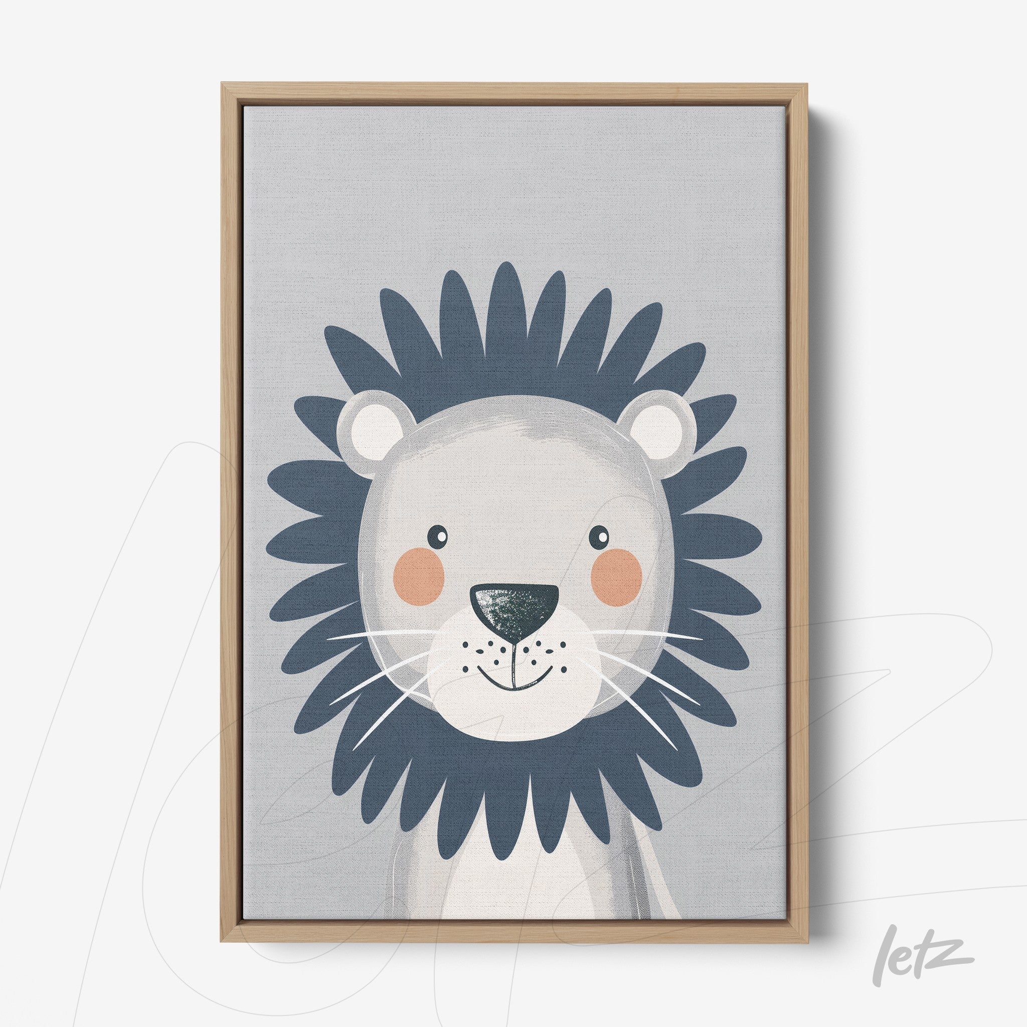 framed wall art featuring a smiling lion with blue mane in light wood frame