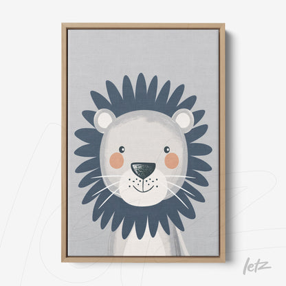 framed wall art featuring a smiling lion with blue mane in light wood frame