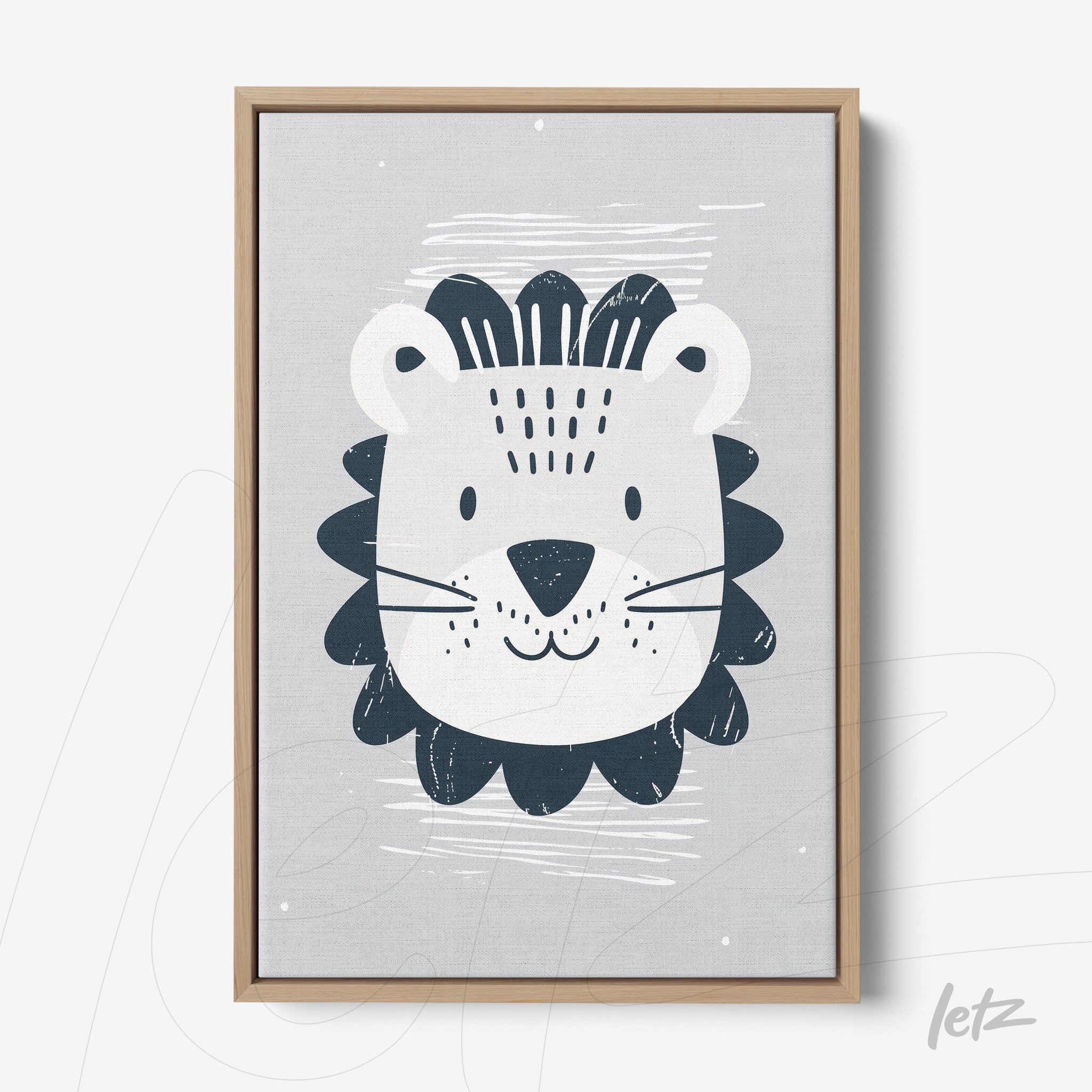 framed wall art featuring a stylized lion illustration on a light background with a light wooden frame