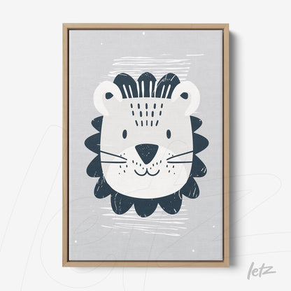framed wall art featuring a stylized lion illustration on a light background with a light wooden frame