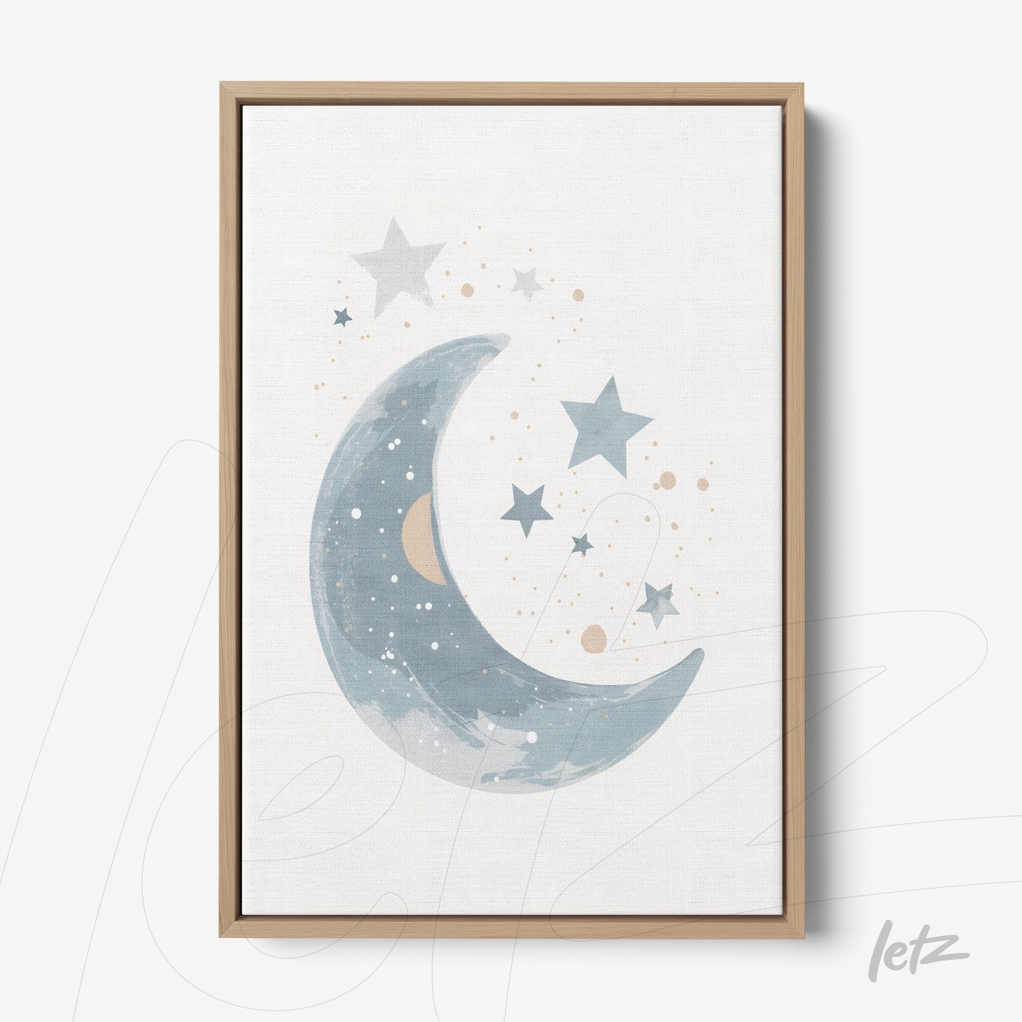 framed wall art featuring a blue and beige moon and star illustration with light wooden frame