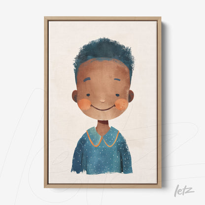 framed artwork featuring a smiling boy with curly hair in a light wood frame