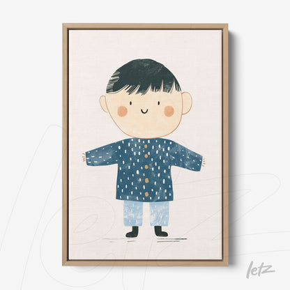 framed illustration of a smiling boy in a blue coat and light pants with a natural wood frame