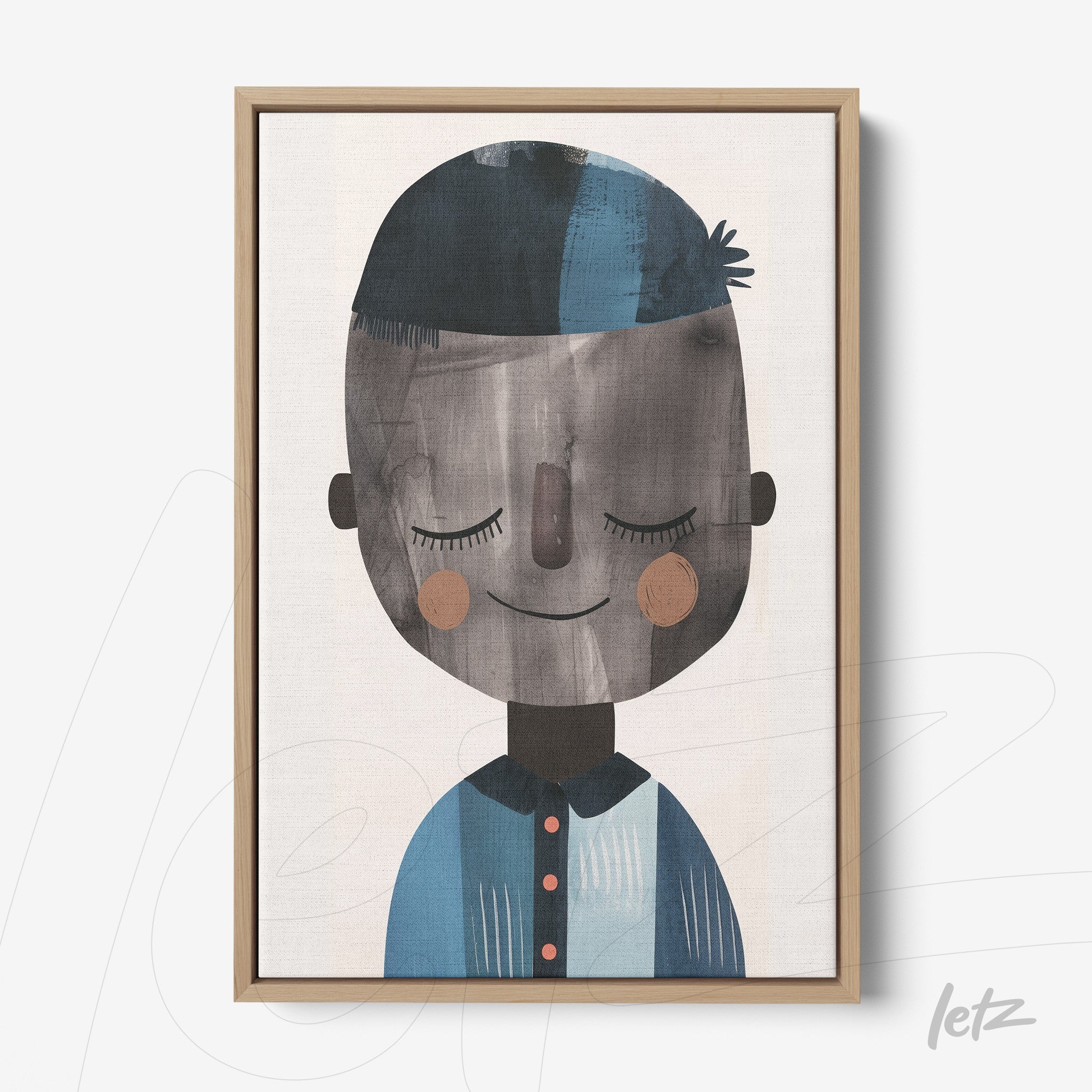 canvas print featuring a smiling child character illustration with a light background and a light wood frame