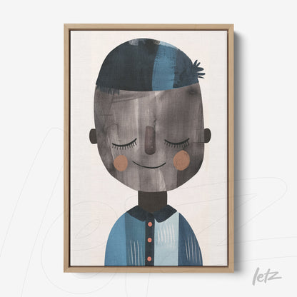 canvas print featuring a smiling child character illustration with a light background and a light wood frame