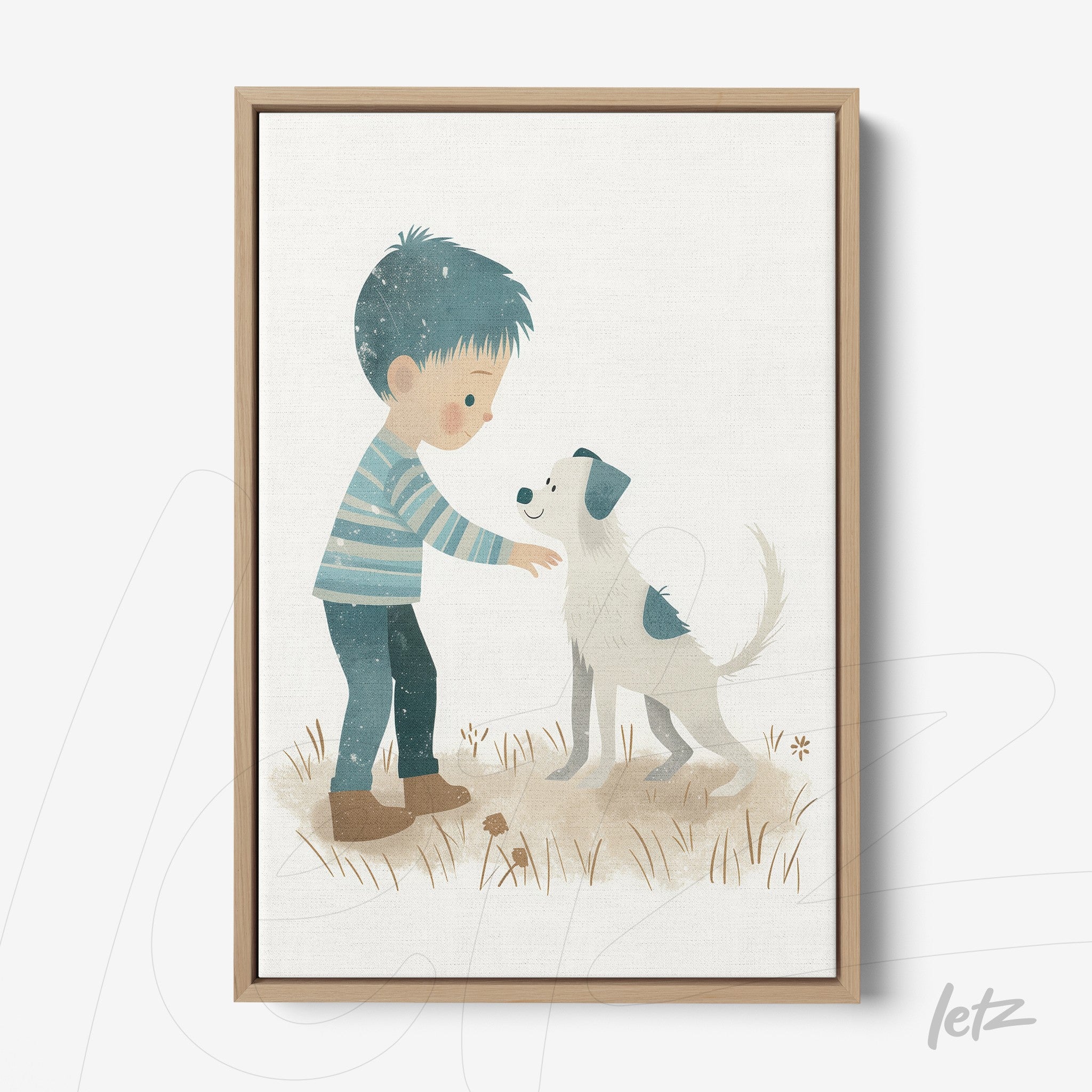 framed wall art featuring a child petting a dog in soft colors with a light background and light wood frame