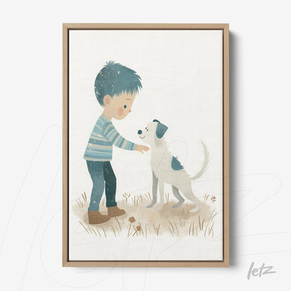 framed wall art featuring a child petting a dog in soft colors with a light background and light wood frame