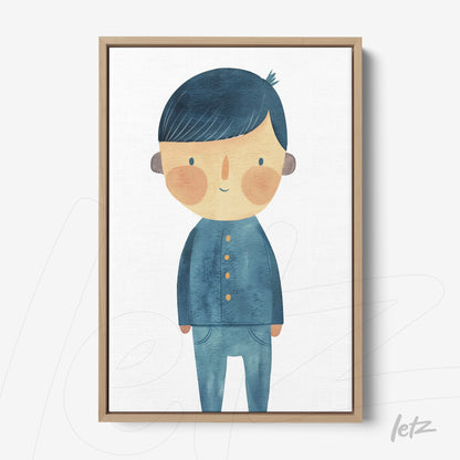framed artwork featuring a smiling boy illustration in blue tones with a light wood frame