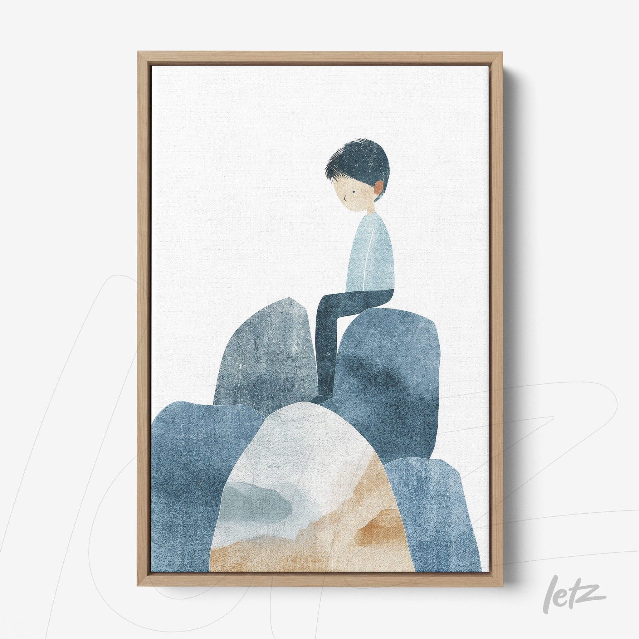 framed artwork featuring a boy sitting on blue-toned rocks