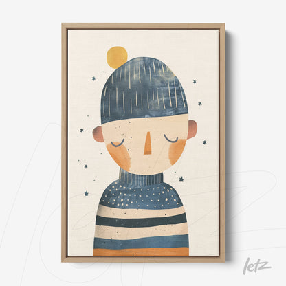 framed artwork featuring a character wearing a beanie and striped sweater with light wooden frame