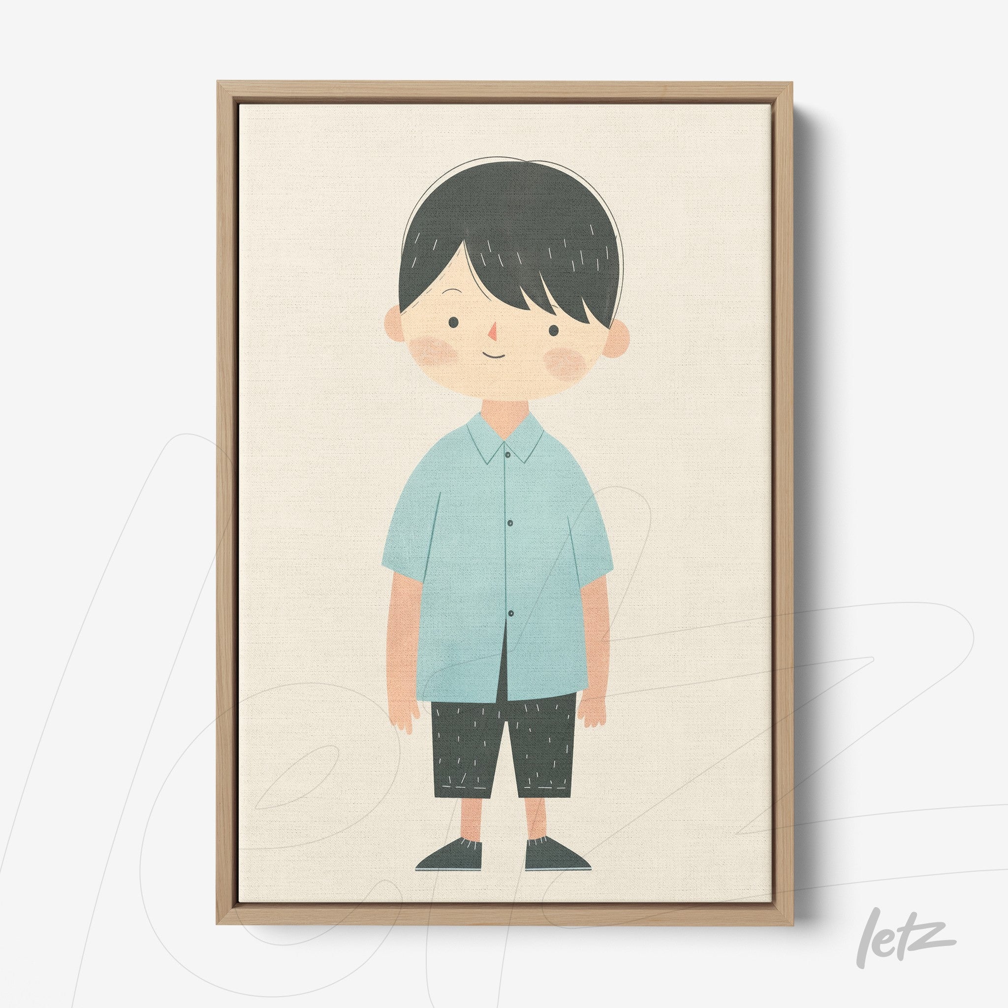 canvas print featuring a cheerful illustration of a boy in a light blue shirt and black shorts, framed in light wood