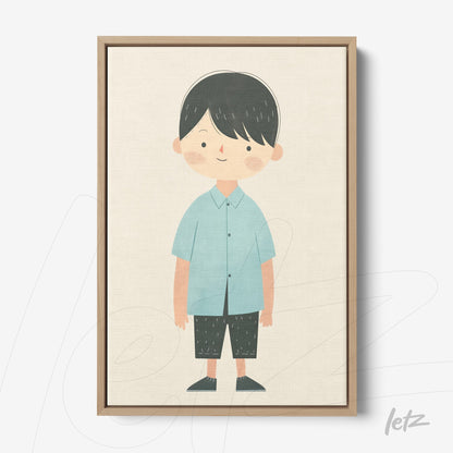 canvas print featuring a cheerful illustration of a boy in a light blue shirt and black shorts, framed in light wood