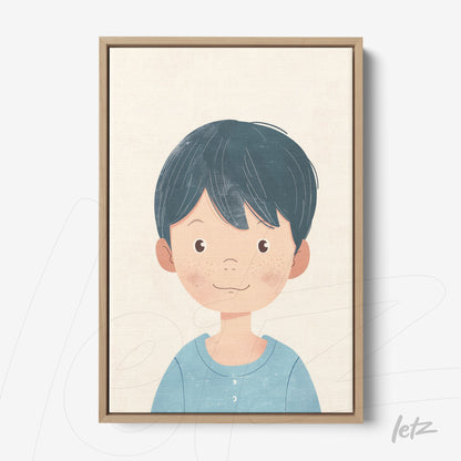 framed wall art featuring a smiling boy illustration with short blue hair and light wooden frame