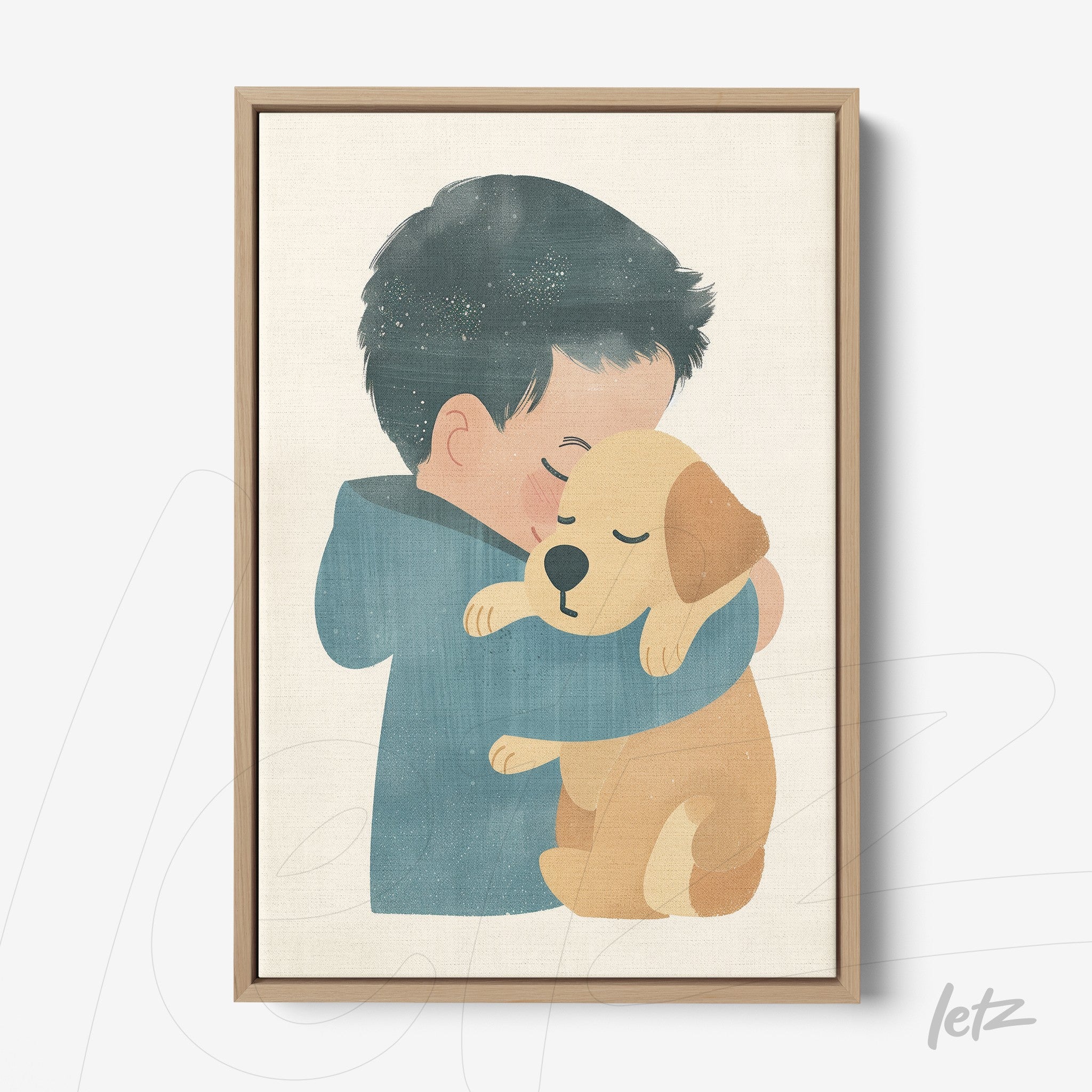 framed artwork of a child hugging a golden retriever puppy in light wooden frame