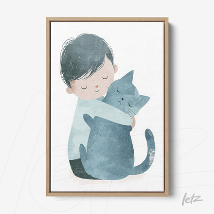 framed artwork featuring a soft illustration of a boy hugging a gray cat with a light wood frame