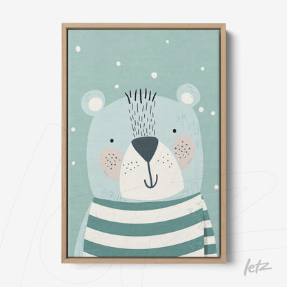 framed wall art featuring a cute illustrated bear wearing a striped shirt against a light blue background