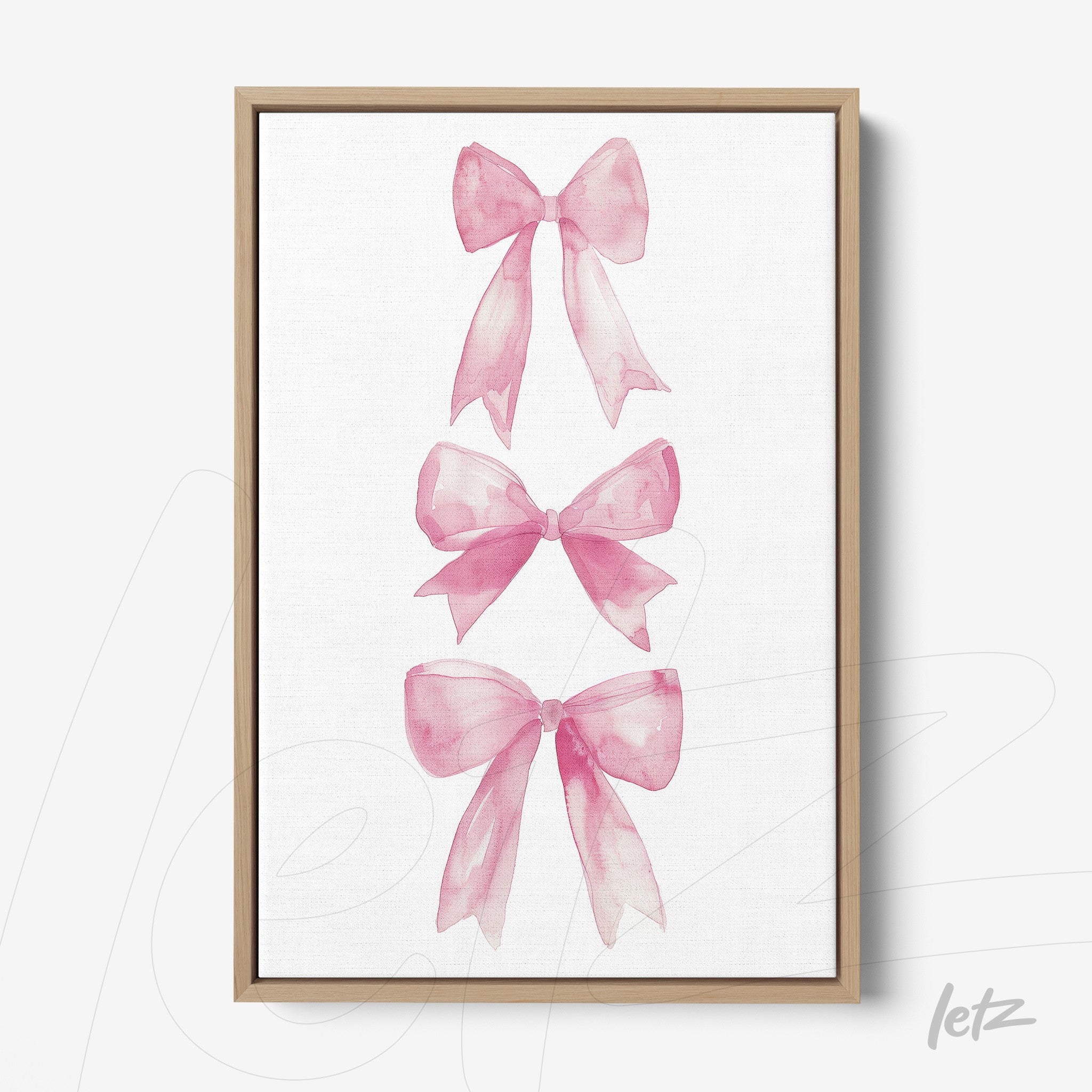 canvas wall art featuring pink ribbon illustrations on white background with light wood frame