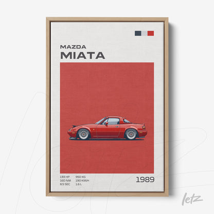 framed art print of the Mazda Miata in minimalist style on red background featuring retro design elements