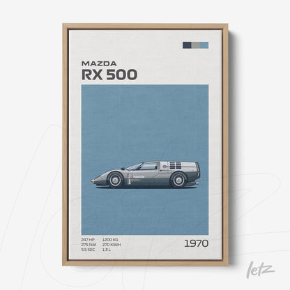 framed artwork of the Mazda RX 500 car in blue background with gray details and light wood frame