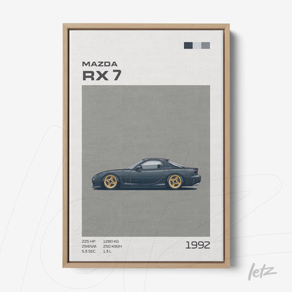 framed artwork featuring a Mazda RX-7 illustration with light wood frame