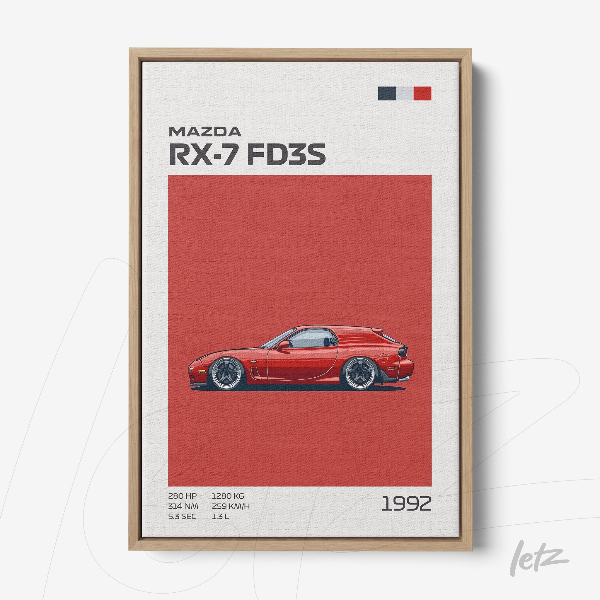 framed artwork featuring the mazda rx-7 fd3s illustration on a red background with light wood frame