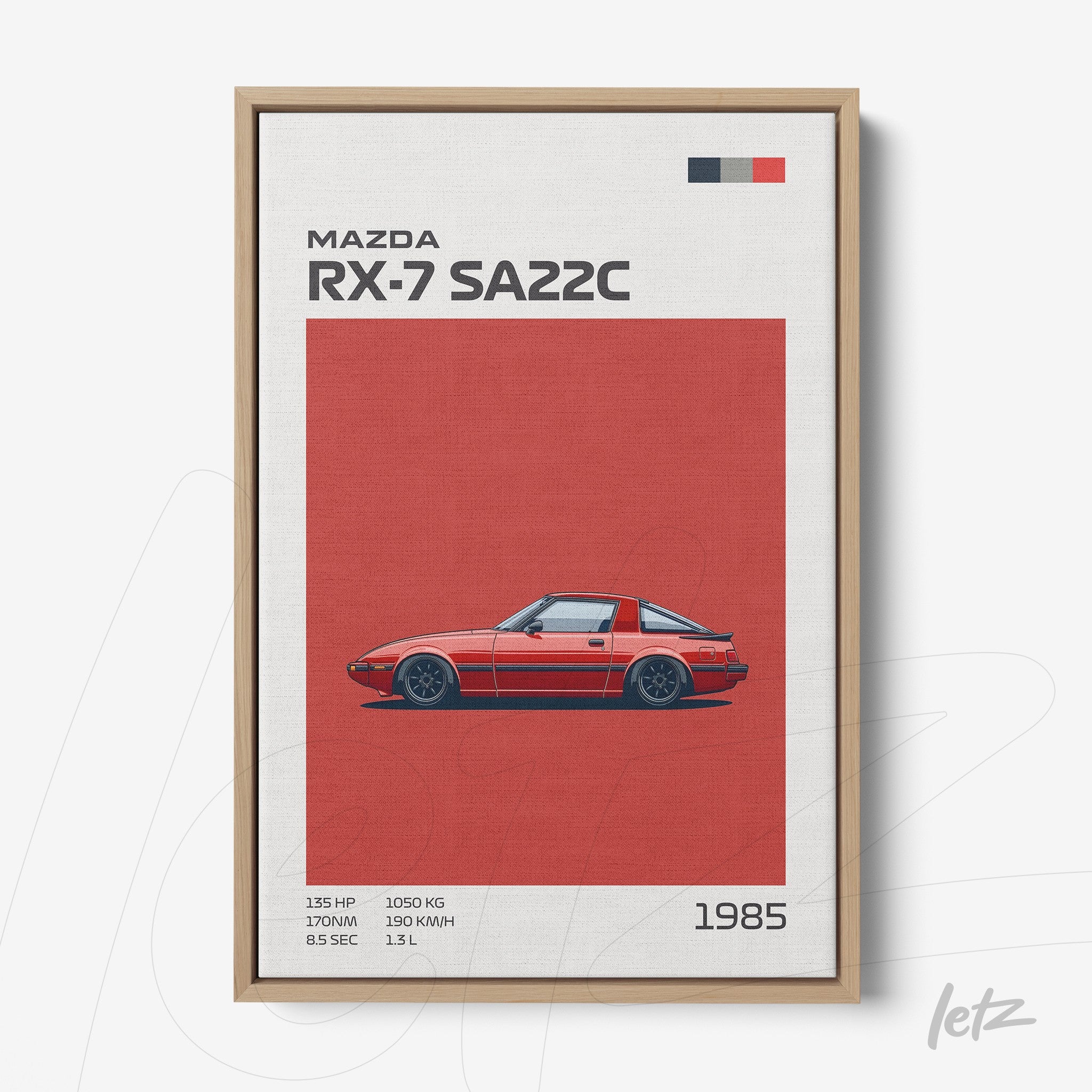 framed graphic art of Mazda RX-7 SA22C car in light wood frame against a red background