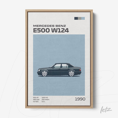framed wall art featuring an illustration of the Mercedes Benz E500 W124 with a blue background and graphic details