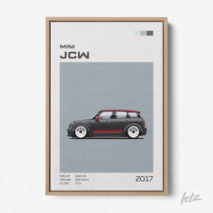 canvas art featuring a Mini JCW car design on gray background with light wood frame