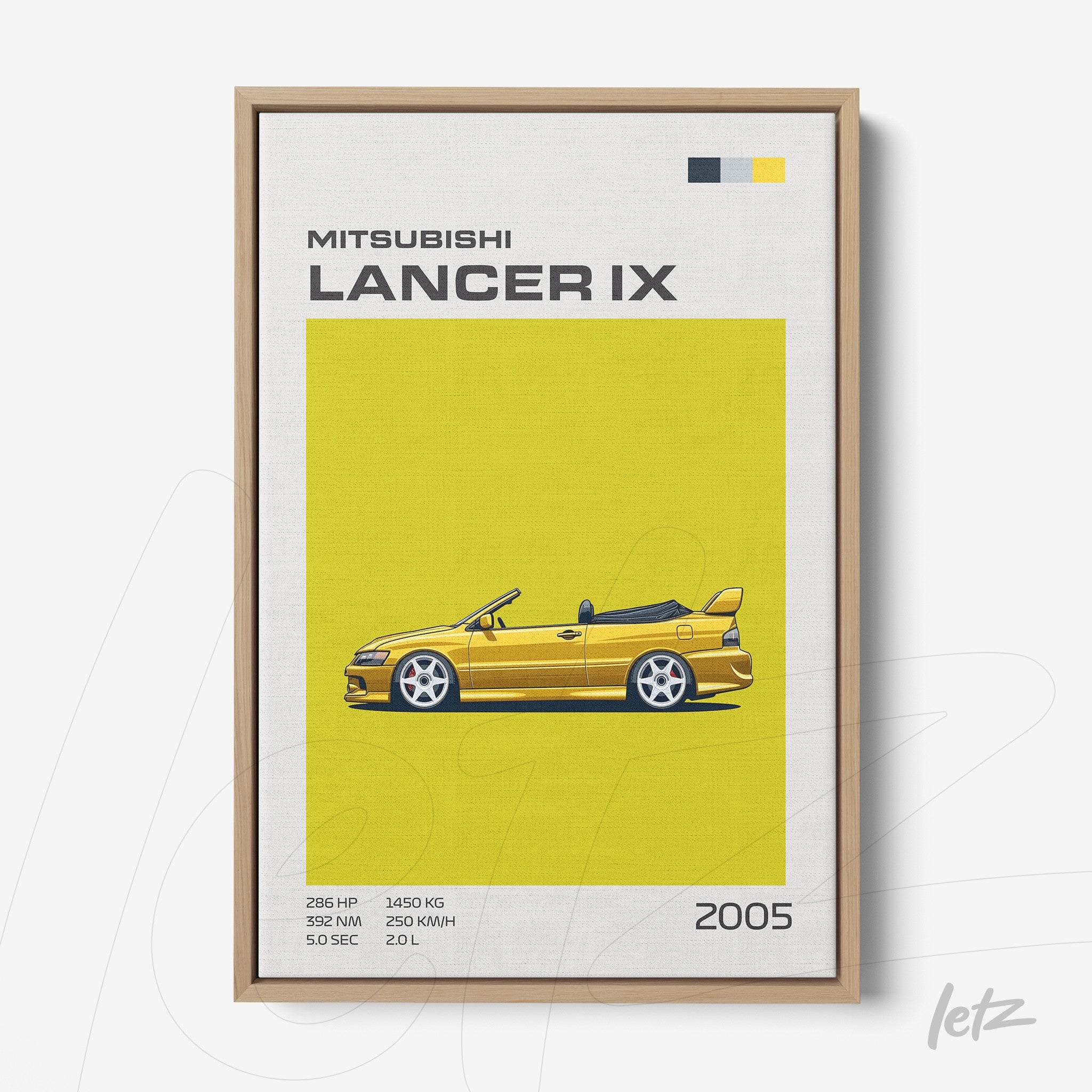 framed illustration of Mitsubishi Lancer IX in a vibrant yellow background with light wood frame