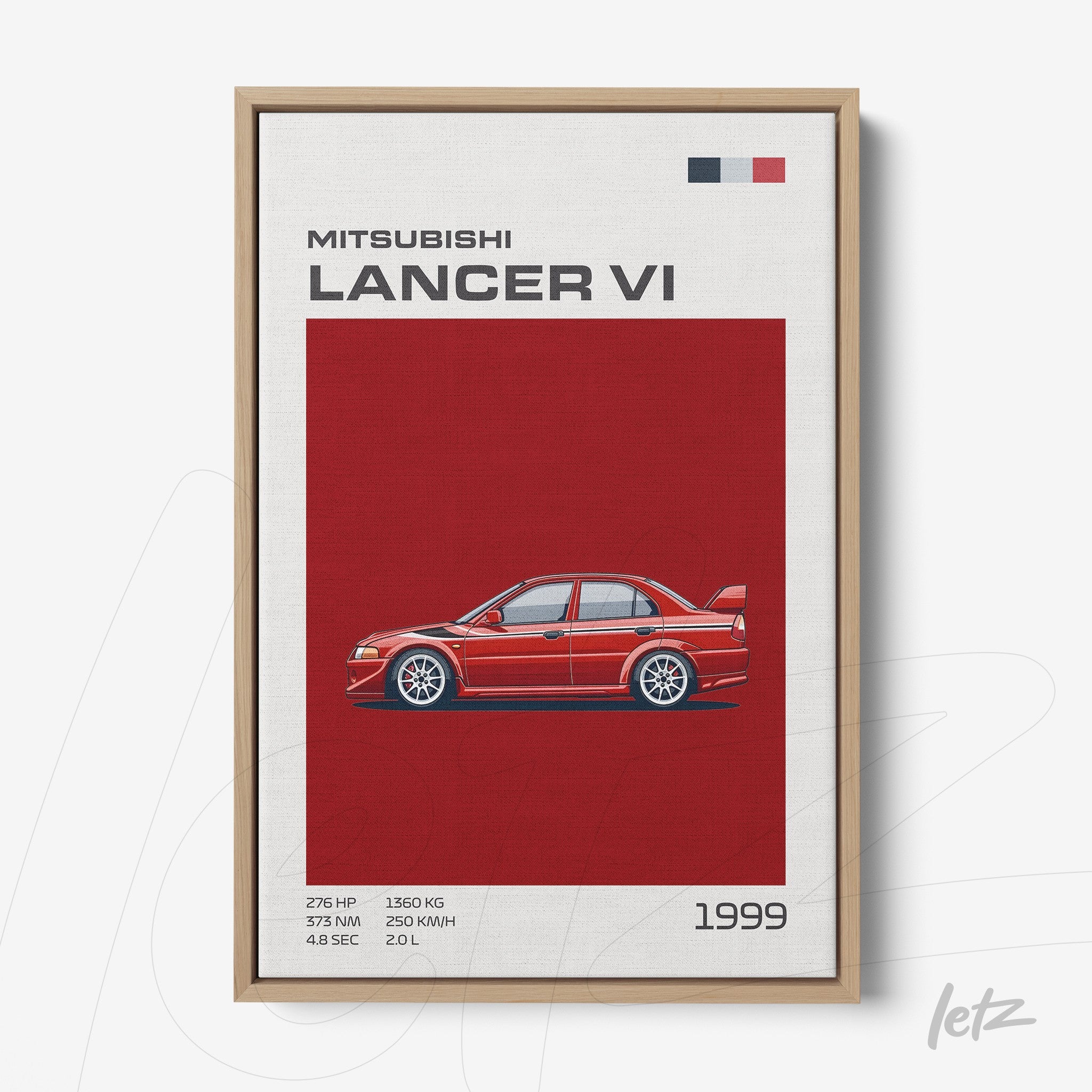 framed digital art of Mitsubishi Lancer VI with light wood frame and red background