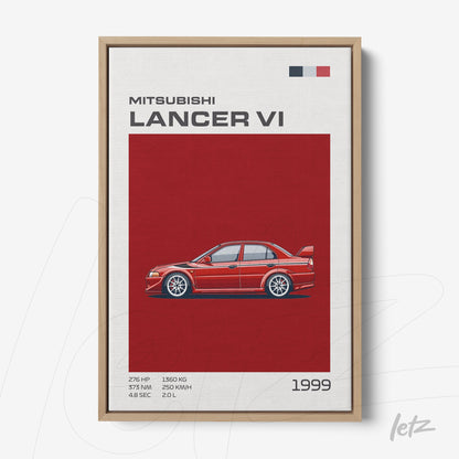 framed digital art of Mitsubishi Lancer VI with light wood frame and red background