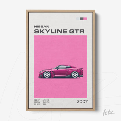 framed wall art featuring a digital illustration of Nissan Skyline GTR in pink background with text details