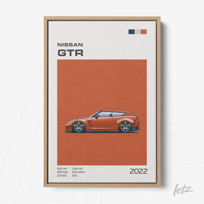 framed graphic art of Nissan GTR car on orange background with light wood frame