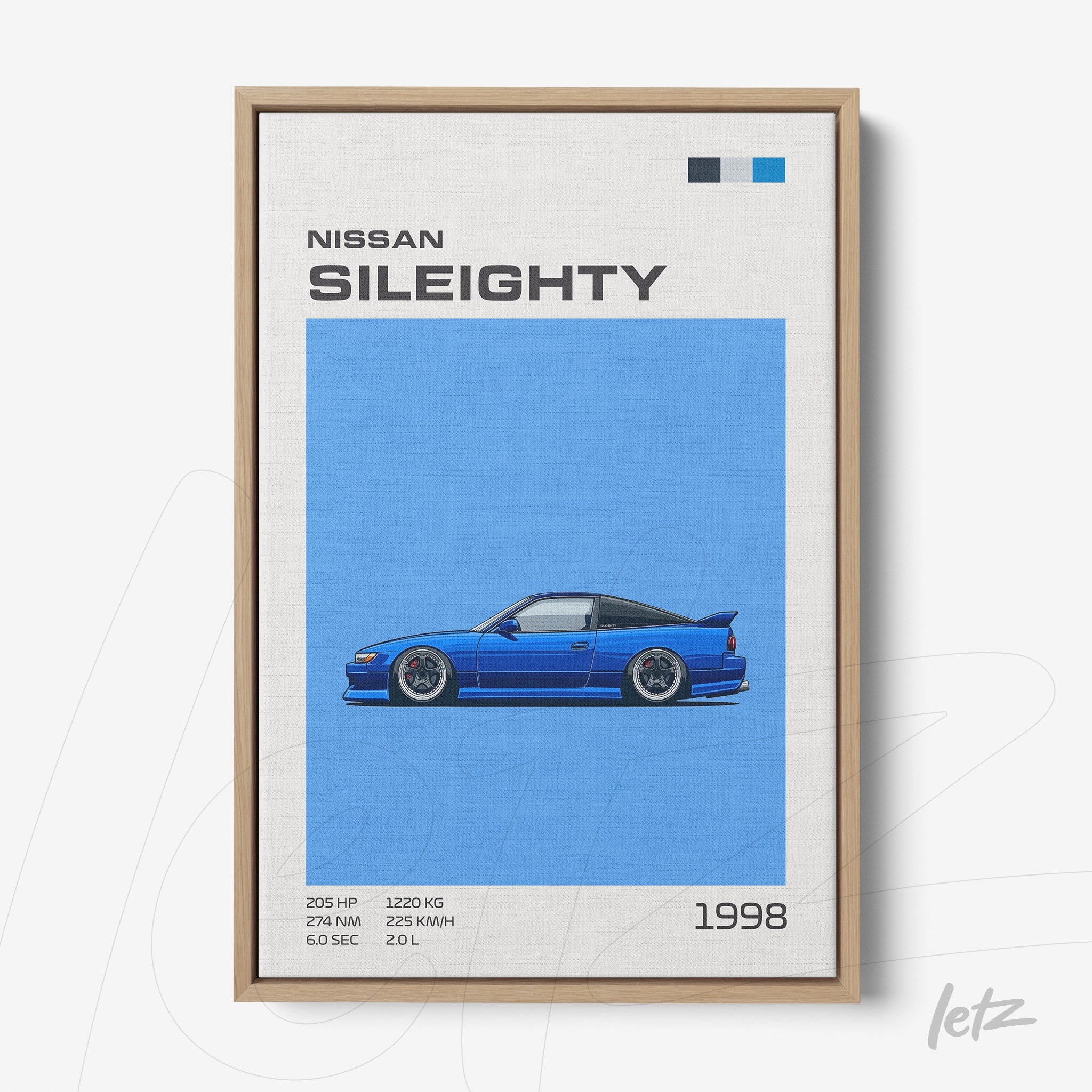 framed digital art of Nissan Sil80 car in blue background with light wood frame