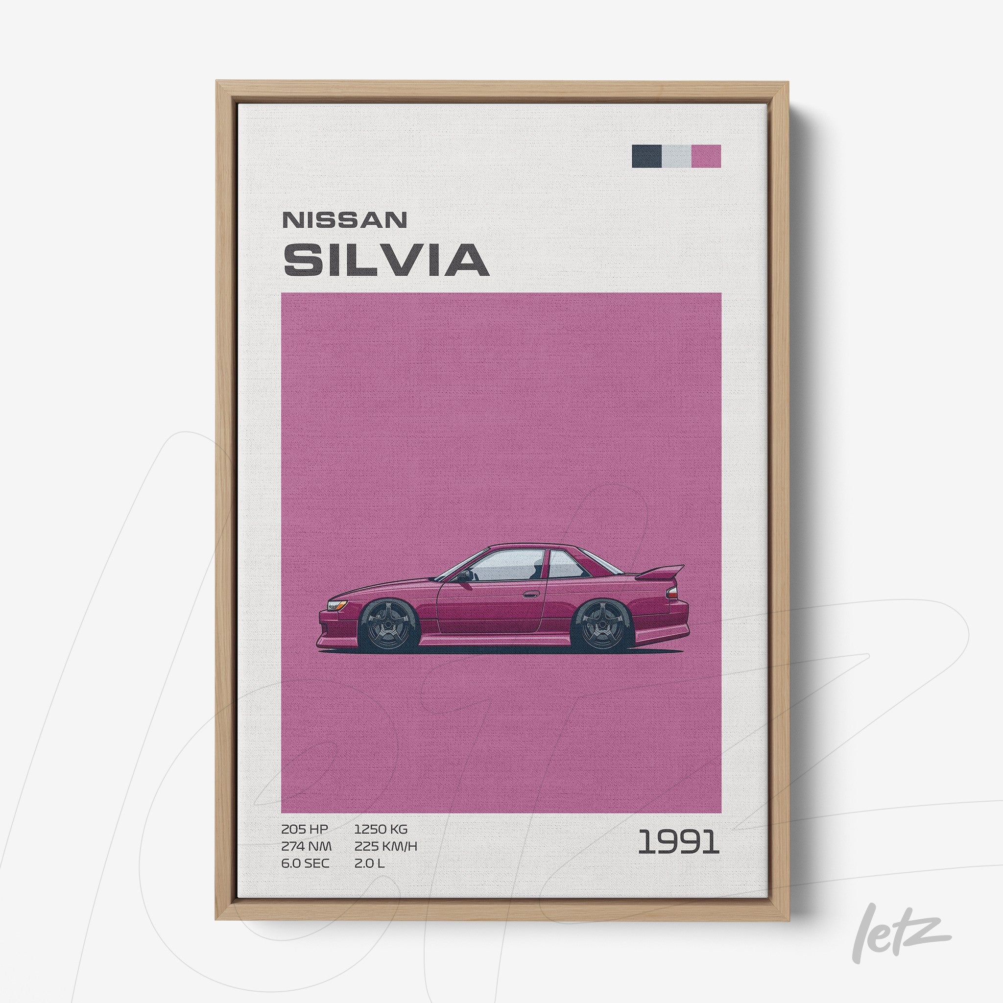 framed artwork featuring the 1991 Nissan Silvia car illustration on a pink background with light wood frame