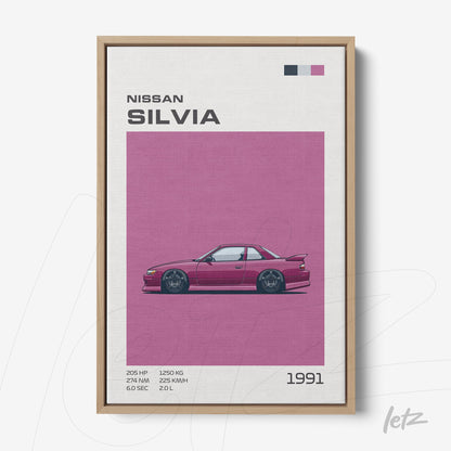 framed artwork featuring the 1991 Nissan Silvia car illustration on a pink background with light wood frame