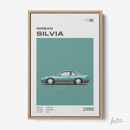 framed wall art featuring illustration of Nissan Silvia car on mint green background with light wood frame