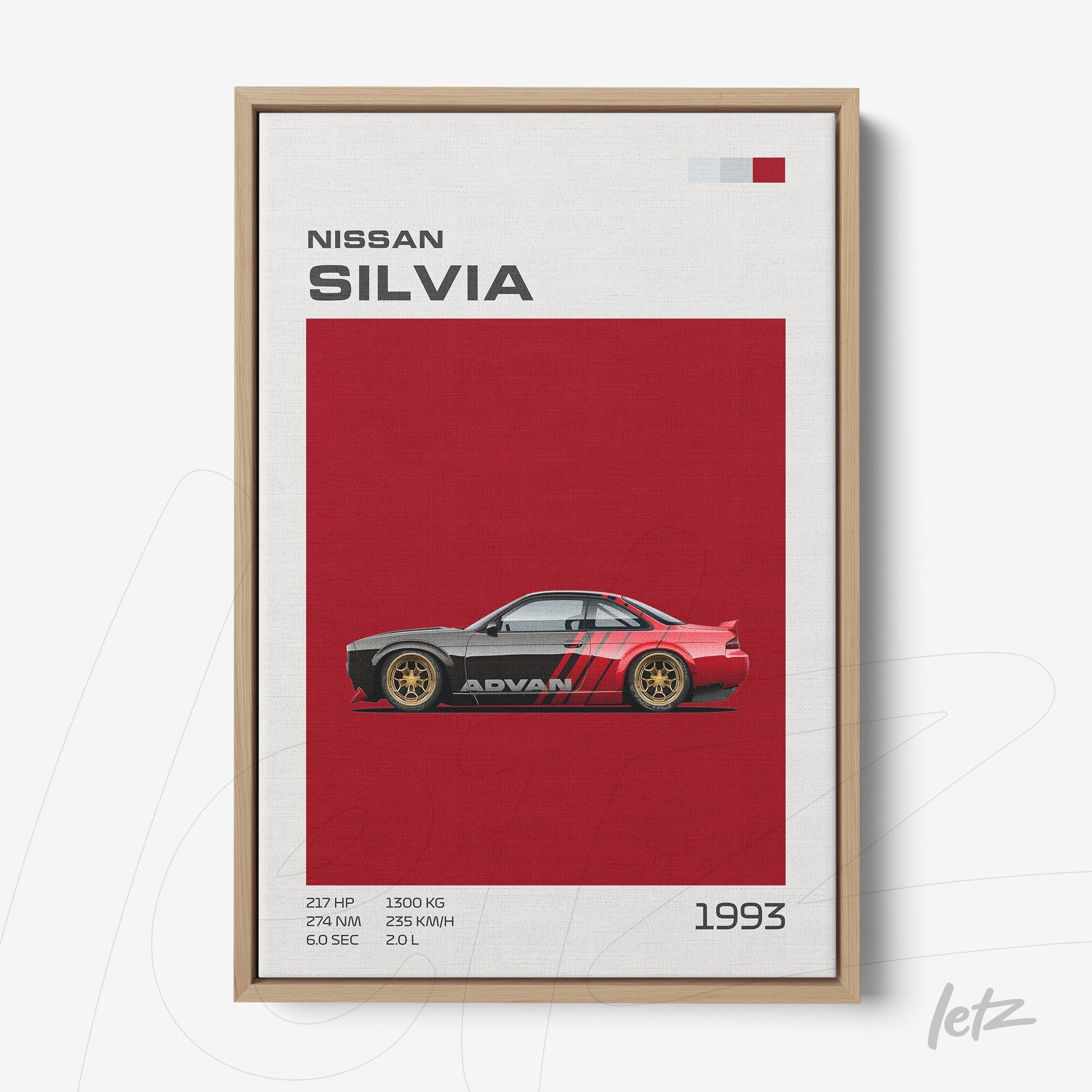 decorative wall art of Nissan Silvia car in red background with light wood frame