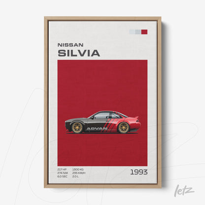 decorative wall art of Nissan Silvia car in red background with light wood frame