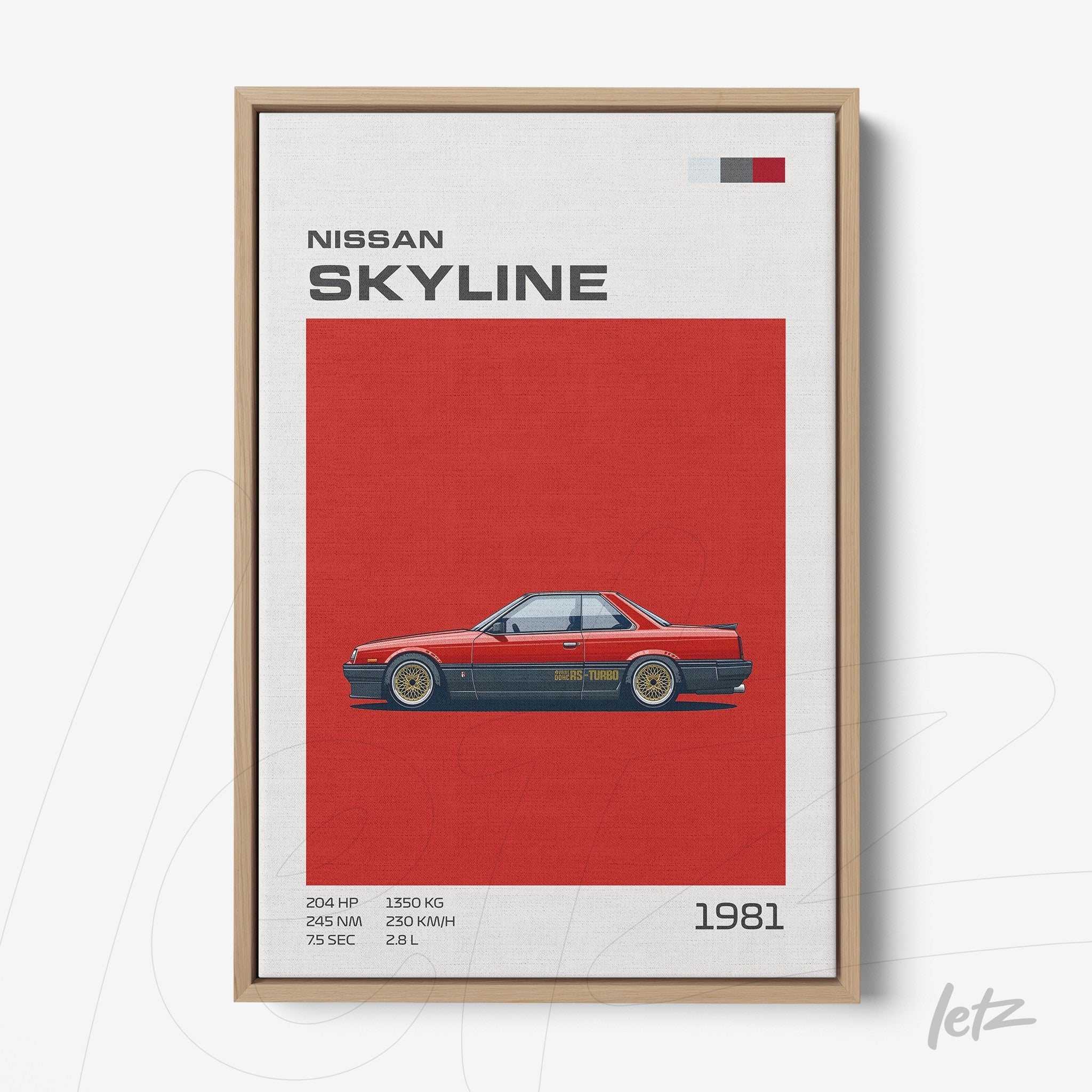 framed wall art featuring digital illustration of 1981 Nissan Skyline on red background with light wood frame