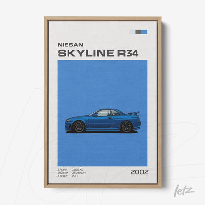 framed artwork featuring the Nissan Skyline R34 in light wood frame
