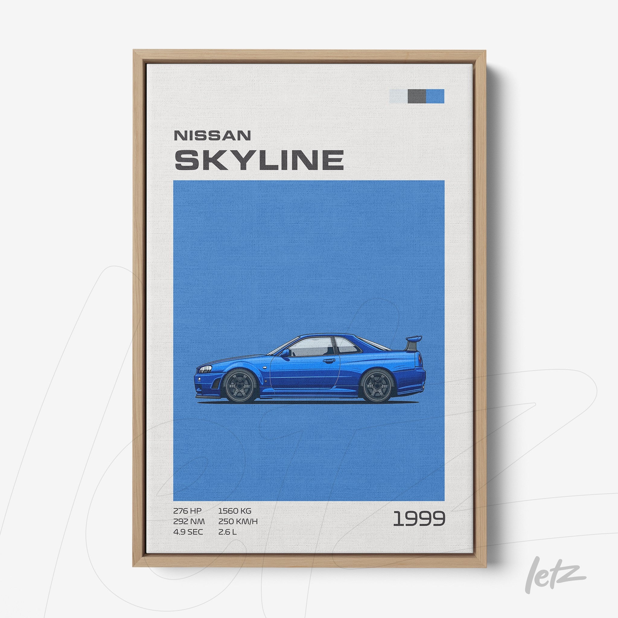 canvas print featuring an illustration of the Nissan Skyline 1999 in blue background with light wood frame