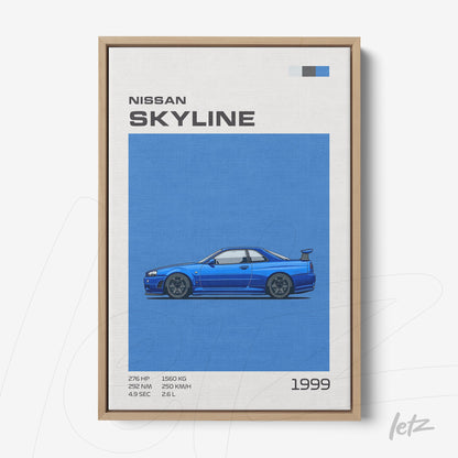 canvas print featuring an illustration of the Nissan Skyline 1999 in blue background with light wood frame